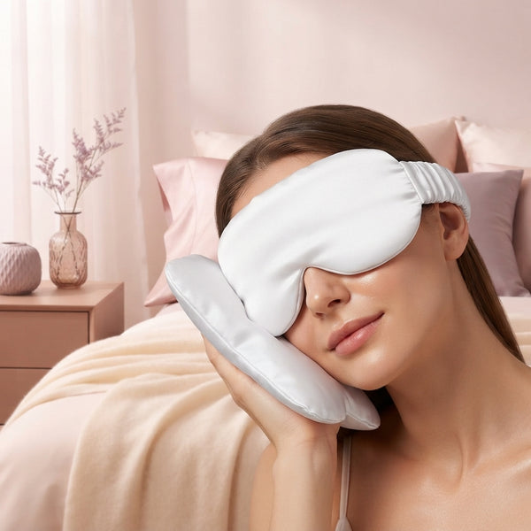 A woman resting with a cool, smooth ice silk sleep mask on her face, shown in a serene, luxurious bedroom setting with soft p